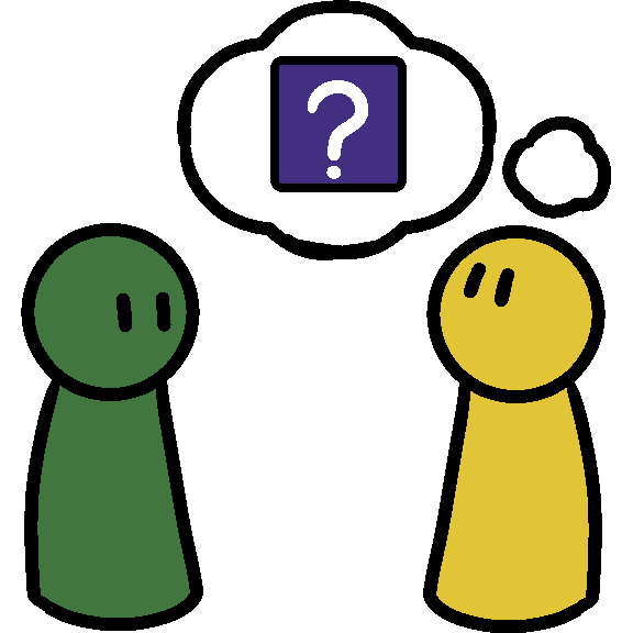  A green person looking at a yellow person, who has a thought bubble with a purple square inside.